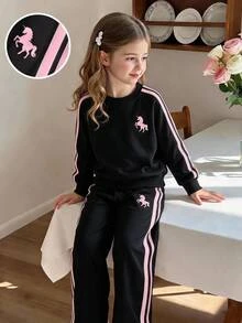 Casuvi Kids Girls Spring/Autumn Long Sleeve Long Pants Sports Bow Ribbon Knit Sweatshirt 2 Pieces Set - Multicolor - View 2