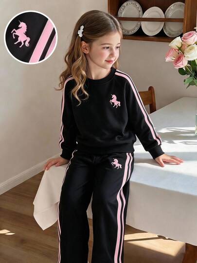 Casuvi Kids طقم رياضي للبنات من قطعتين، سويتشيرت محبوك بأكمام طويلة مع فيونكة وشريط، وبنطال طويل، لفصلي الربيع والخريف