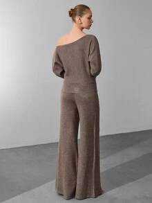 SHEIN طقم نسائي من قطعتين متناسق: كنزة صوفية فضفاضة كبيرة الحجم بخصر مضلع وملمس ناعم مع بنطال كنزة واسع الساق - بني - مشاهدة 4