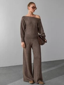 SHEIN طقم نسائي من قطعتين متناسق: كنزة صوفية فضفاضة كبيرة الحجم بخصر مضلع وملمس ناعم مع بنطال كنزة واسع الساق - بني - مشاهدة 6