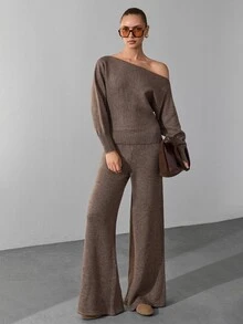 SHEIN طقم نسائي من قطعتين متناسق: كنزة صوفية فضفاضة كبيرة الحجم بخصر مضلع وملمس ناعم مع بنطال كنزة واسع الساق - بني - مشاهدة 7