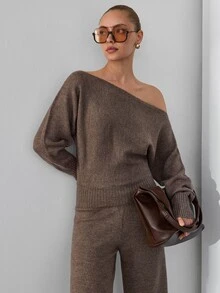 SHEIN طقم نسائي من قطعتين متناسق: كنزة صوفية فضفاضة كبيرة الحجم بخصر مضلع وملمس ناعم مع بنطال كنزة واسع الساق - بني - مشاهدة 11