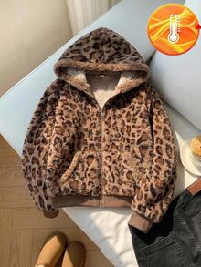 SHEIN Tween Girl Casual Leopard Print Plush Simple Versatile Everyday Jacket , Fall/Winter - Multicolor - View 3