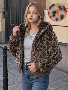 SHEIN Tween Girl Casual Leopard Print Plush Simple Versatile Everyday Jacket , Fall/Winter - Multicolor - View 2