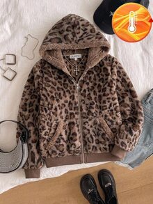 SHEIN Tween Girl Casual Leopard Print Plush Simple Versatile Everyday Jacket , Fall/Winter - Multicolor - View 4