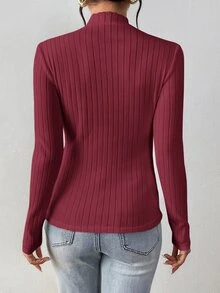 SHEIN Frenchy 酒红色 92% 棉质罗纹高领长袖修身女式打底T恤 - 酒紅色 - 查看 2