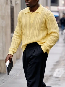 AKNOTIC Men's Solid Color Long Sleeve Polo Collar Casual Commuter Sweater - Light Yellow - View 6