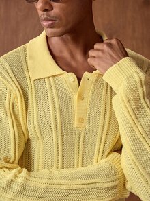 AKNOTIC Men's Solid Color Long Sleeve Polo Collar Casual Commuter Sweater - Light Yellow - View 7