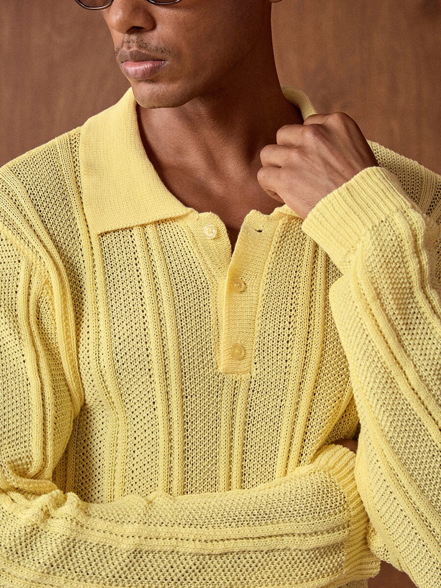 AKNOTIC Men's Solid Color Long Sleeve Polo Collar Casual Commuter Sweater - Light Yellow - View 1