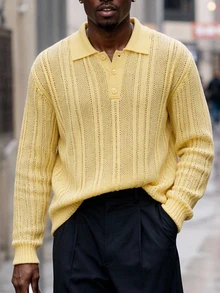 AKNOTIC Men's Solid Color Long Sleeve Polo Collar Casual Commuter Sweater - Light Yellow - View 5