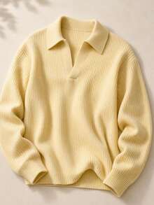 AKNOTIC Men's Solid Color Long Sleeve Polo Collar Casual Commuter Sweater - Light Yellow - View 2
