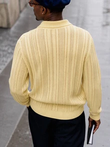 AKNOTIC Men's Solid Color Long Sleeve Polo Collar Casual Commuter Sweater - Light Yellow - View 8