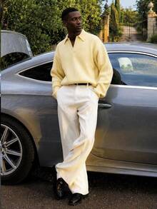 AKNOTIC Men's Solid Color Long Sleeve Polo Collar Casual Commuter Sweater - Light Yellow - View 3