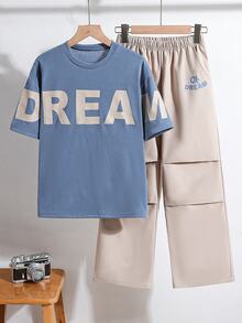 SHEIN 2pcs Tween Boy Letter Print Short Sleeve T-Shirt And Shorts Casual Set - Multicolor - View 3