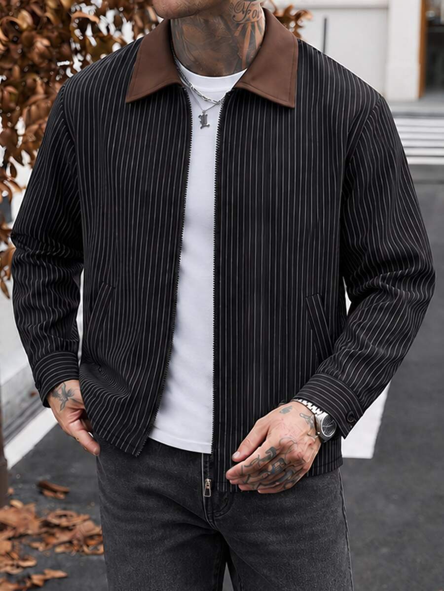 Manfinity Homme 男士條紋拉鍊門襟休閒襯衫外套 - 黑色 - 查看 1