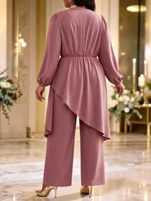 Fleurora Plus Size Pleated Asymmetrical Hem Top And Loose Long Pants 2 Pieces Set Fall Cocktail Wedding Dusty Blue Romantic Elegant - Red Violet - View 2