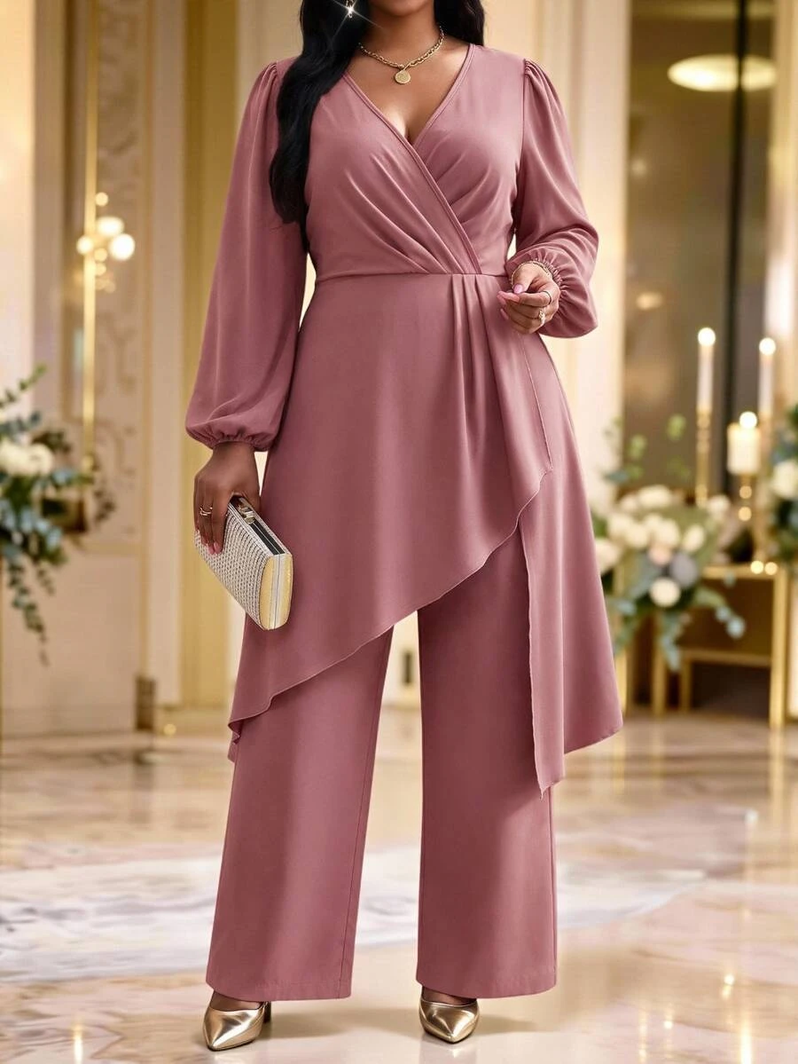 Fleurora Plus Size Pleated Asymmetrical Hem Top And Loose Long Pants 2 Pieces Set Fall Cocktail Wedding Dusty Blue Romantic Elegant - Red Violet - View 1