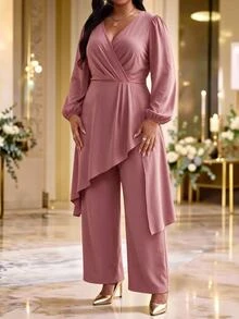 Fleurora Plus Size Pleated Asymmetrical Hem Top And Loose Long Pants 2 Pieces Set Fall Cocktail Wedding Dusty Blue Romantic Elegant - Red Violet - View 5