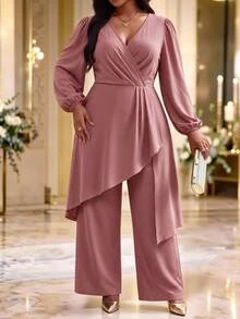 Fleurora Plus Size Pleated Asymmetrical Hem Top And Loose Long Pants 2 Pieces Set Fall Cocktail Wedding Dusty Blue Romantic Elegant - Red Violet - View 4