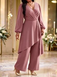 Fleurora Plus Size Pleated Asymmetrical Hem Top And Loose Long Pants 2 Pieces Set Fall Cocktail Wedding Dusty Blue Romantic Elegant - Red Violet - View 3