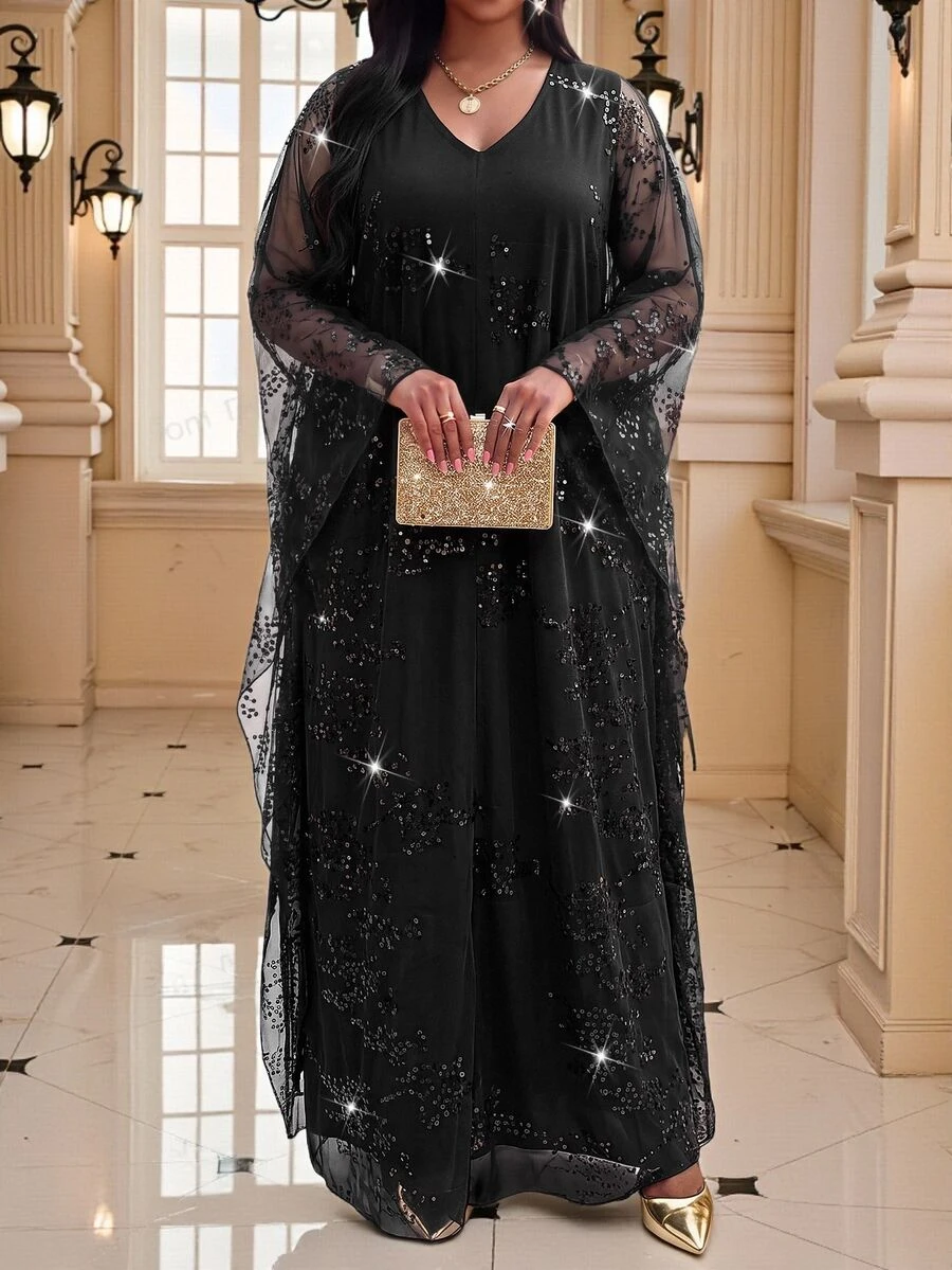 Fleurora Plus Size Fashion Sequin Mesh Elegant Dress - الأسود - مشاهدة 1