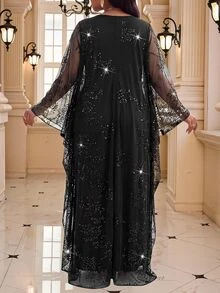 Fleurora Plus Size Fashion Sequin Mesh Elegant Dress - الأسود - مشاهدة 2