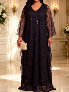 Fleurora Plus Size Fashion Sequin Mesh Elegant Dress - الأسود - مشاهدة 3