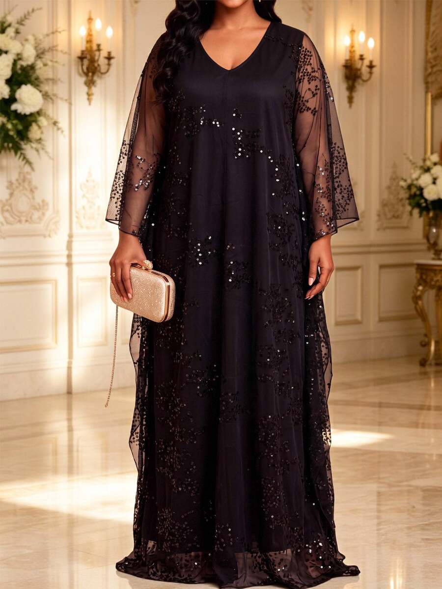 Fleurora Plus Size Fashion Sequin Mesh Elegant Dress - Black - View 1