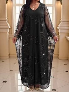Fleurora Plus Size Fashion Sequin Mesh Elegant Dress - الأسود - مشاهدة 4