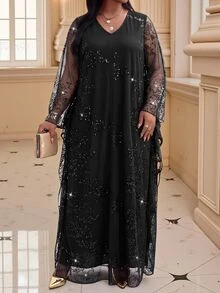Fleurora Plus Size Fashion Sequin Mesh Elegant Dress - الأسود - مشاهدة 5