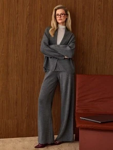 SHEIN Women Button Front Cardigan And Sweater Pant 2pcs Set Co-Ords - Dark Grey - View 6