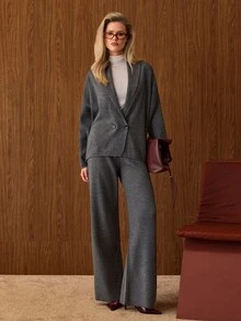 SHEIN Women Button Front Cardigan And Sweater Pant 2pcs Set Co-Ords - Dark Grey - View 3