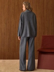 SHEIN Women Button Front Cardigan And Sweater Pant 2pcs Set Co-Ords - Dark Grey - View 8