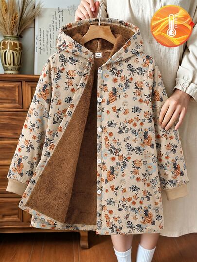 SHEIN Girls' Hooded Thick Fleece Vintage Floral Mid-Length Autumn/Winter Jacket