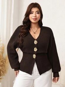 Easowa Curve Plus Size Women's Metal Single-Breasted Dropped Shoulder Long Sleeve Knit Cardigan - Coffee Brown - View 6