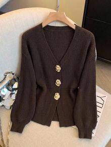 Easowa Curve Plus Size Women's Metal Single-Breasted Dropped Shoulder Long Sleeve Knit Cardigan - Coffee Brown - View 2
