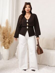 Easowa Curve Plus Size Women's Metal Single-Breasted Dropped Shoulder Long Sleeve Knit Cardigan - Coffee Brown - View 3