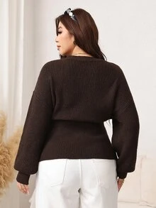 Easowa Curve Plus Size Women's Metal Single-Breasted Dropped Shoulder Long Sleeve Knit Cardigan - Coffee Brown - View 5