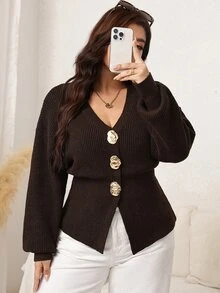 Easowa Curve Plus Size Women's Metal Single-Breasted Dropped Shoulder Long Sleeve Knit Cardigan - Coffee Brown - View 4
