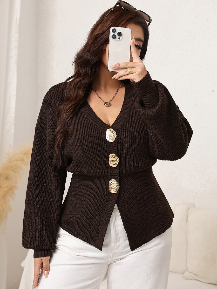 Easowa Curve Plus Size Women's Metal Single-Breasted Dropped Shoulder Long Sleeve Knit Cardigan - Coffee Brown - View 1
