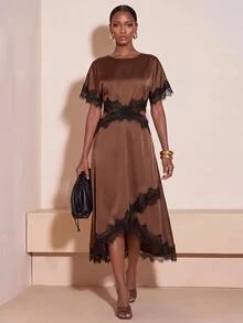 Zivah Vestido de satén para mujer de nuevo lanzamiento de principios de otoño, color marrón, cuello redondo, manga corta, cintura fruncida, plisado, dobladillo asimétrico, patchwork de encaje largo, estilo casual diario, versátil para todo, vacaciones, fiesta elegante, festivo, formal, estilo campestre, ir al trabajo, brunch, salida de festival, ropa de oficina - Marrón - Ver 13