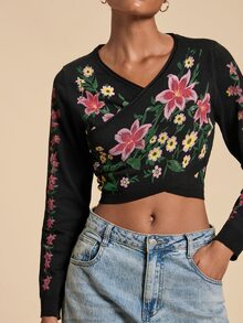 Travachic Sweater Wanita Model Crop dengan Motif Bunga dan Lengan Panjang Silang - Hitam - View 8