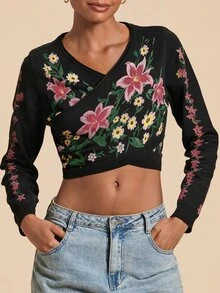 Travachic Sweater Wanita Model Crop dengan Motif Bunga dan Lengan Panjang Silang - Hitam - View 1