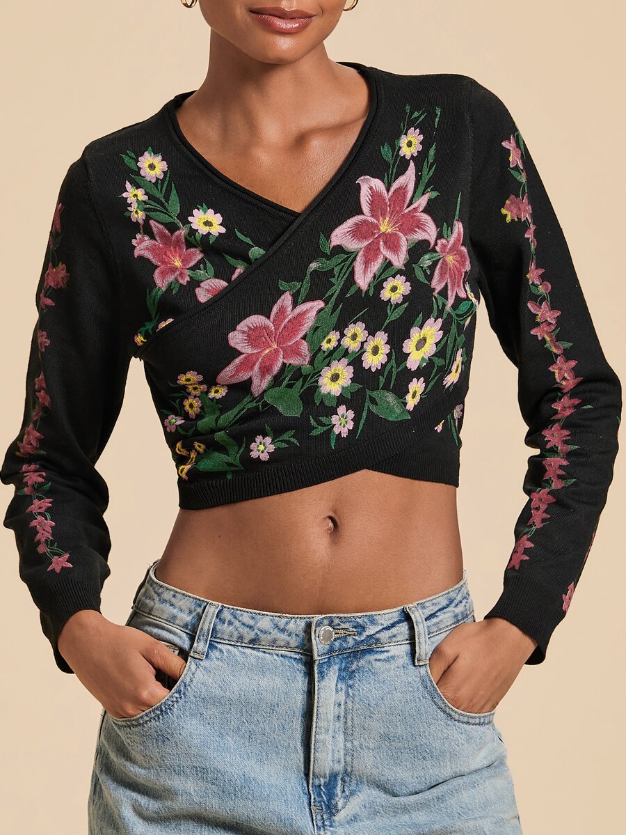 Travachic Sweater Wanita Model Crop dengan Motif Bunga dan Lengan Panjang Silang - Hitam - View 1