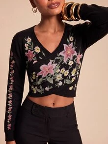 Travachic Sweater Wanita Model Crop dengan Motif Bunga dan Lengan Panjang Silang - Hitam - View 9