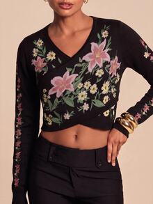 Travachic Sweater Wanita Model Crop dengan Motif Bunga dan Lengan Panjang Silang - Hitam - View 7