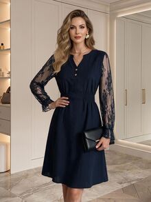 Medorina Elegant Chic Style, Lace Hollow Ruffle, Long Sleeve Dress, Textured Navy Blue, Slim A-Line Fit, Wedding Guest Party, Christmas, Fall Winter - Navy Blue - View 7