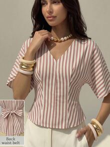 NOVVYNE Elegant Neutral Vertical Stripe V Neck Back Bow Peplum Slim Fit Trouser Matching Cami - Khaki - View 3