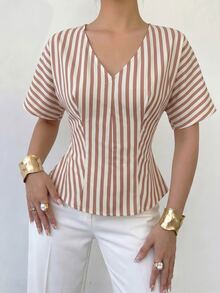 NOVVYNE Elegant Neutral Vertical Stripe V Neck Back Bow Peplum Slim Fit Trouser Matching Cami - Khaki - View 4