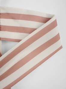 NOVVYNE Elegant Neutral Vertical Stripe V Neck Back Bow Peplum Slim Fit Trouser Matching Cami - Khaki - View 12